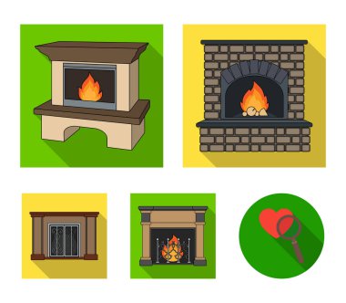 Yangın, sıcaklık ve konfor. Şömine toplama simgeler düz stil vektör simge stok çizim web içinde ayarla..