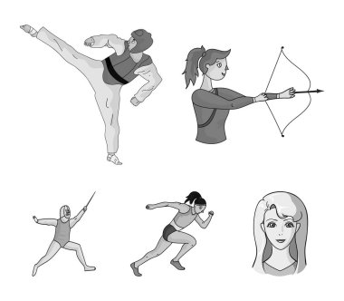 Okçuluk, karate, koşma, eskrim. Olimpik spor toplama simgeler tek renkli stil vektör simge stok çizim web içinde ayarla..