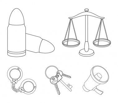 Ölçekler adalet, kartuşları, a demet-in anahtar taşı, ellerim kelepçeli. Hapishane toplama simgeler anahat stili vektör simge stok çizim web içinde ayarla..