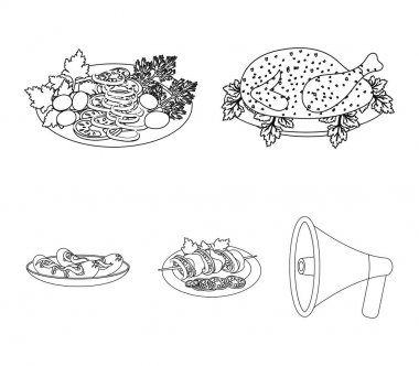 Kızarmış tavuk, sebze salatası, sebzeli şiş kebap, Kızarmış sosis tabakta. Gıda ve yemek toplama simgeler anahat stili vektör simge stok çizim web ayarla.