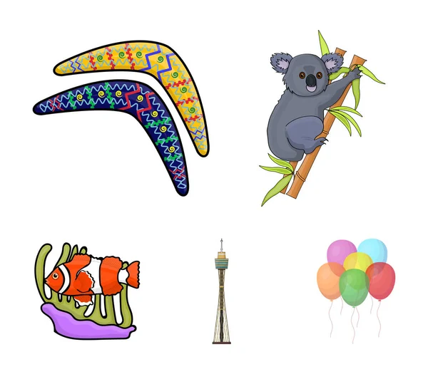 Koala em bambu, bumerangue, torre de Sydney, palhaço de peixe e amônia. Austrália conjunto coleção ícones em desenho animado estilo vetor símbolo ilustração web . — Vetor de Stock