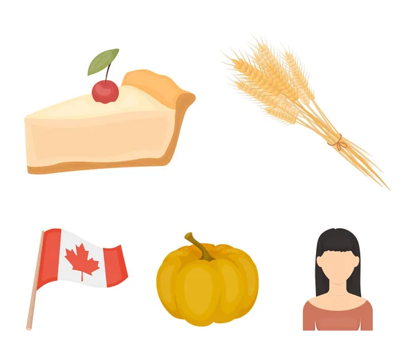 Spike of wheat, um pedaço de torta com cranberries, abóbora, bandeira nacional.Dia de Ação de Graças do Canadá conjunto de ícones de coleção em estilo cartoon símbolo vetorial web ilustração estoque . — Vetor de Stock