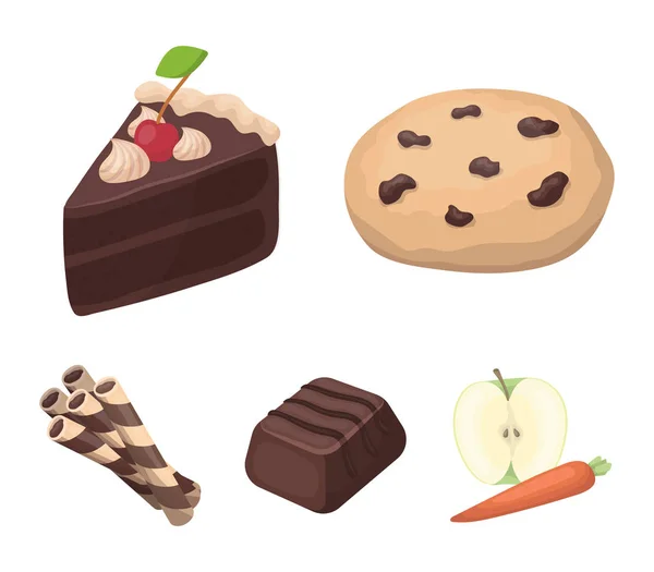 Biscuits américains, un morceau de gâteau, bonbons, gaufrettes. Chocolat desserts ensemble icônes collection dans le style dessin animé vectoriel symbole illustration web . — Image vectorielle