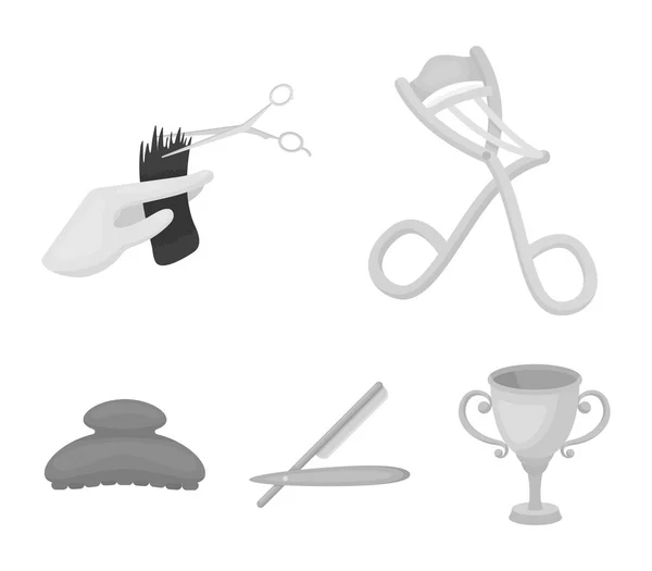 Tijeras, cepillo, maquinilla de afeitar y otros equipos. Peluquería conjunto colección iconos en el estilo monocromo vector símbolo stock ilustración web . — Archivo Imágenes Vectoriales