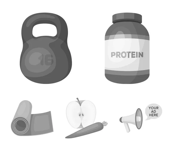 Protein, vitamins and other equipment for training.Gym and workout set collection icons in monochrome style vector symbol stock illustration web. — Stock Vector
