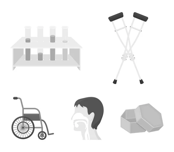 Muleta, trípode con tubos de ensayo, silla de ruedas, sistema respiratorio humano. Medicina conjunto colección iconos en el estilo monocromo vector símbolo stock ilustración web . — Vector de stock