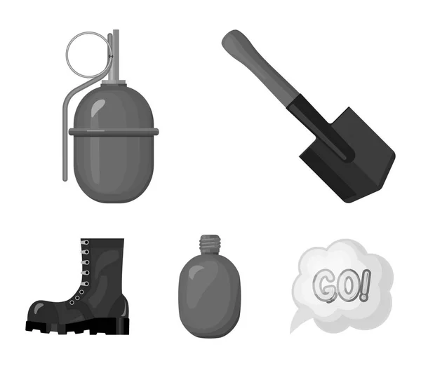 Sapper blade, hand grenade, army flask, soldiers boot. Military and army set collection icons in monochrome style vector symbol stock illustration web. — Stock Vector