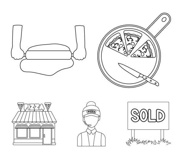 마, 판매자, 피자, 롤링 테스트에 피자. 피자와 피자 개요 스타일 벡터 기호 재고 일러스트 웹 컬렉션 아이콘 설정. — 스톡 벡터