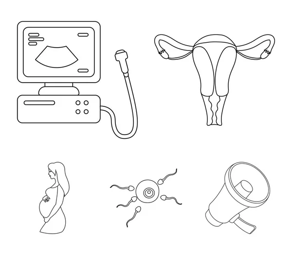Uterus, apparatus of ultrasound, fertilization. Pregnancy set collection icons in outline style vector symbol stock illustration web. — Stock Vector