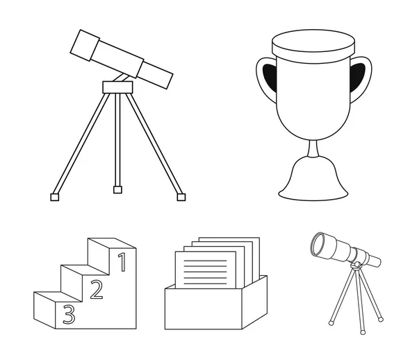 Pokal, Preis, Teleskop, Katalog im Karton und Ehrenpodest. Schule Set Sammlung Symbole in Umriss Stil Vektor Symbol Stock Illustration Web. — Stockvektor