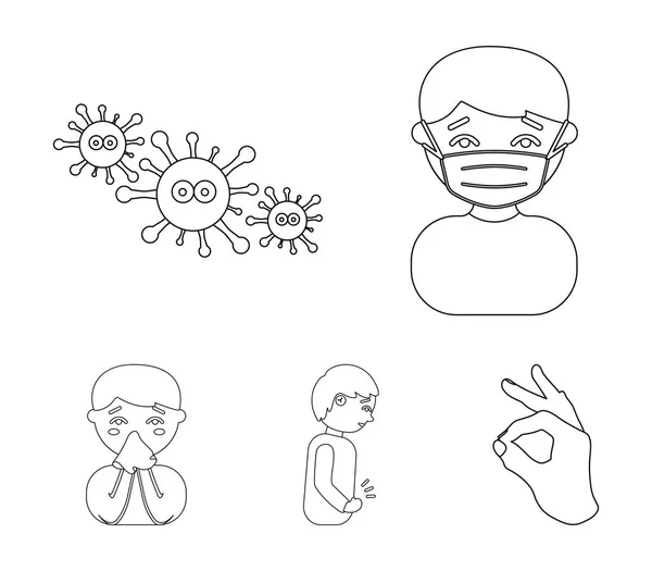 Ένας άντρας σε μια ιατρική μάσκα, έναν άνθρωπο ο οποίος έχει ένα στομάχι, ένα αγόρι με ένα μαντήλι, ιοί, μικρόβια, βακτήρια. Άρρωστος set συλλογή εικονίδια στο περίγραμμα στυλ διάνυσμα σύμβολο μετοχής εικονογράφηση web. — Διανυσματικό Αρχείο