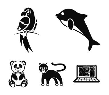 Panda.popugay, panter, Yunus. Hayvan toplama simgeler siyah stil vektör simge stok çizim web içinde ayarla..