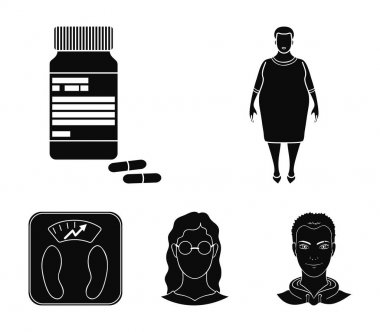 Tam kadın, gözlüklü bir kız, bir Terazi ile mükemmel sonuç. Diabeth toplama simgeler siyah stil vektör simge stok çizim web içinde ayarla..