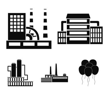 Sanayi, üretim. Fabrika toplama simgeler siyah stil vektör simge stok çizim web içinde ayarla..
