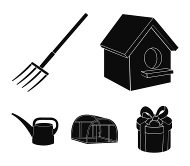 Kümes hayvanlarının, Yaba, sera, sulama olabilir. Çiftlik toplama simgeler siyah stil vektör simge stok çizim web içinde ayarla..