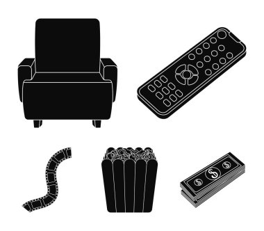 Kontrol paneli, bir koltuk için görüş, patlamış mısır. Filmler ve film toplama simgeler siyah stil vektör simge stok çizim web ayarla.