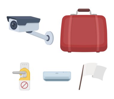 Bagaj, güvenlik kamerası, Klima, işareti rahatsız etmeyin. Otel toplama simgeler karikatür tarzı vektör simge stok çizim web içinde ayarla..