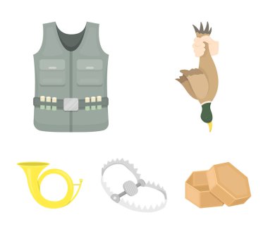 Elini, keskin bir zeka, bir av yeleği himayesi ile bir boynuz bir kupa... Avcılık toplama simgeler karikatür tarzı vektör simge stok çizim web içinde ayarla..