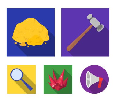 Kuyumcular çekiç, bir Büyüteç, bakır cevheri, bir kristal. Değerli mineraller ve bir kuyumcu toplama simgeler düz stil vektör simge stok çizim web ayarla.