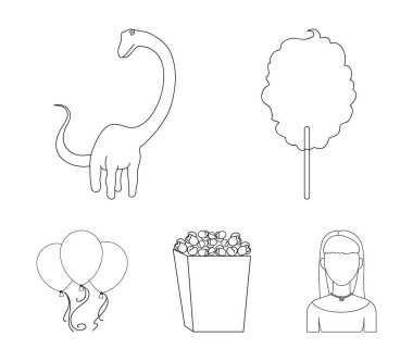 Tatlı Pamuk yün bir sopa, bir oyuncak ejderha, bir kutu patlamış mısır, bir ipte renkli balonlar. Eğlence Parkı toplama simgeler anahat stili vektör simge stok çizim web içinde ayarla..