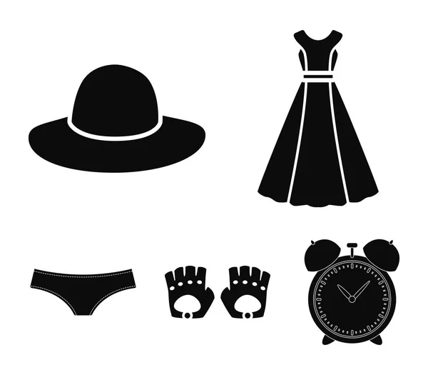 Höschen, Handschuhe, Kleid, Hut. Kleidung set sammlung symbole im schwarzen stil vektor symbol stock illustration web. — Stockvektor