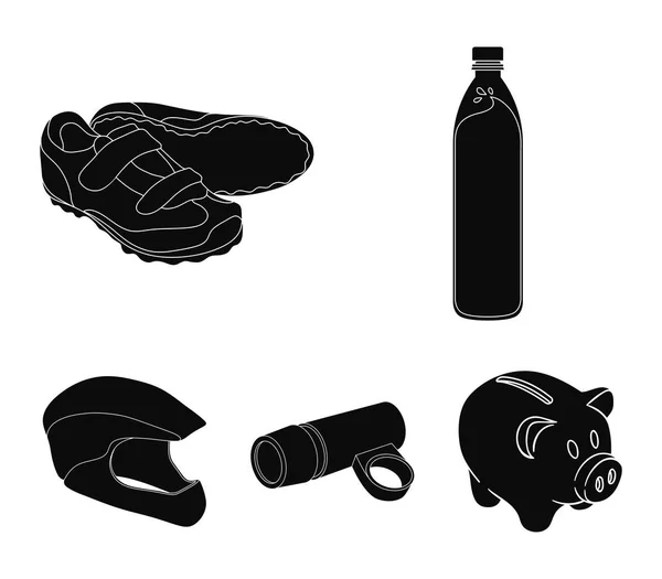 Une bouteille d'eau, des baskets, une lampe de poche pour un vélo, un casque de protection.Ensemble de vêtements cycliste icônes de la collection dans un style noir symbole vectoriel illustration web . — Image vectorielle