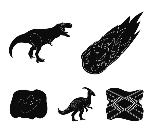 Un meteorito que cae, parasaurolophus, tyrannosaurus, una huella de un pie de dinosaurio. El dinosaurio y el período prehistórico establecen iconos de la colección en el estilo negro vector símbolo stock ilustración web . — Archivo Imágenes Vectoriales