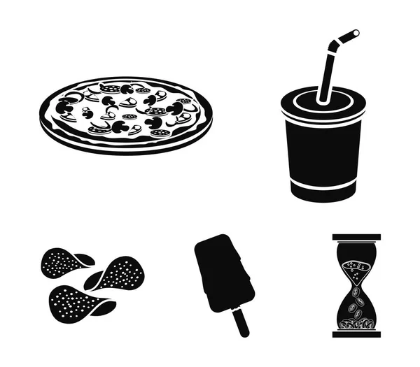 Cola, pizza, zmrzlina, hranolky. Rychlé občerstvení sada kolekce ikon v černém stylu vektor symbol skladem ilustrace web. — Stockový vektor