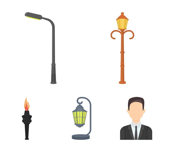 Lamppost în stil retro, felinar modern, lanternă și alte tipuri de lumini stradale. Lamppost set colecție icoane în stil desene animate vector simbol stoc ilustrație web . — Vector de stoc