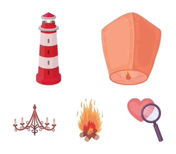 Une lanterne lumineuse, un phare, un feu, un lustre avec des bougeoires.Source lumineuse mis icônes de collection dans le style dessin animé symbole vectoriel illustration web . — Image vectorielle