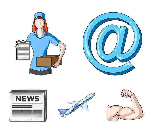E-symbol, courier med skifte, post-flygplan, pack av tidningar. Mail och brevbäraren som samling ikoner i tecknad stil vektor symbol stock illustration web. — Stock vektor