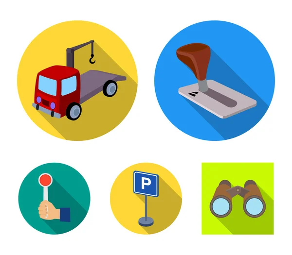 Mango de transmisión, grúa, señal de estacionamiento, señal de parada. Zona de aparcamiento conjunto colección iconos en estilo plano vector símbolo stock ilustración web . — Vector de stock