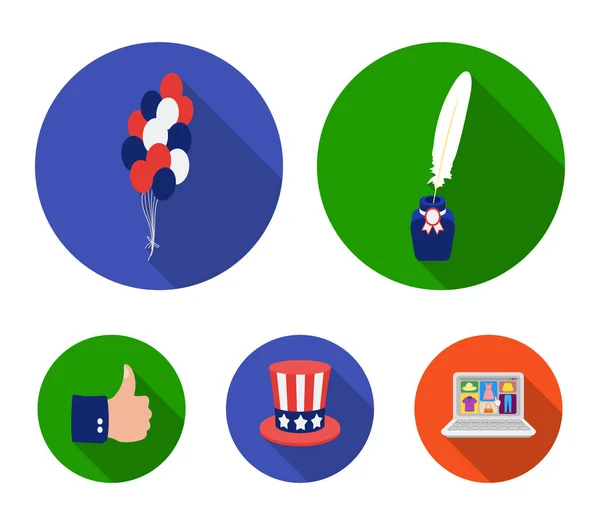 Balões, tintas com uma caneta, chapéu do tio Sams. Os patriotas dia conjunto coleção ícones em estilo plano símbolo vetorial ilustração web . —  Vetores de Stock