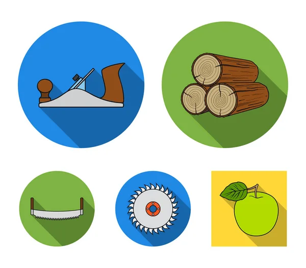 Grumes en piles, scies à deux mains, scie circulaire. Sawmill and wood set collection icônes in flat style vector symbol illustration web . — Image vectorielle