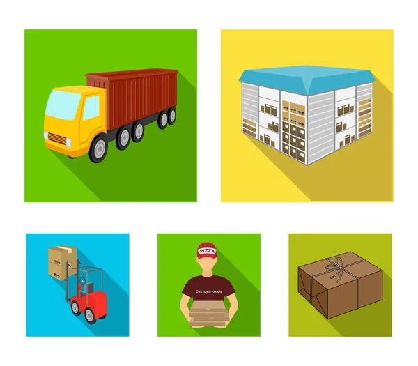 LKW, Kurier für die Lieferung von Pizza, Gabelstapler, Lagerraum. Logistik und Lieferung Set Sammlung Symbole im flachen Stil isometrischen Vektor Symbol Stock Illustration Web. — Stockvektor