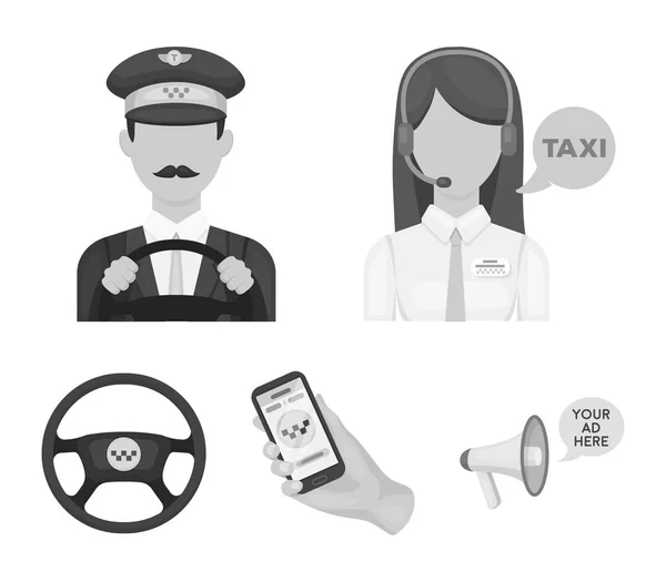 Un taxista con un micrófono, un taxista al volante, un teléfono celular con un número, un volante de coche. Taxi set colección iconos en el estilo monocromo vector símbolo stock ilustración web . — Vector de stock