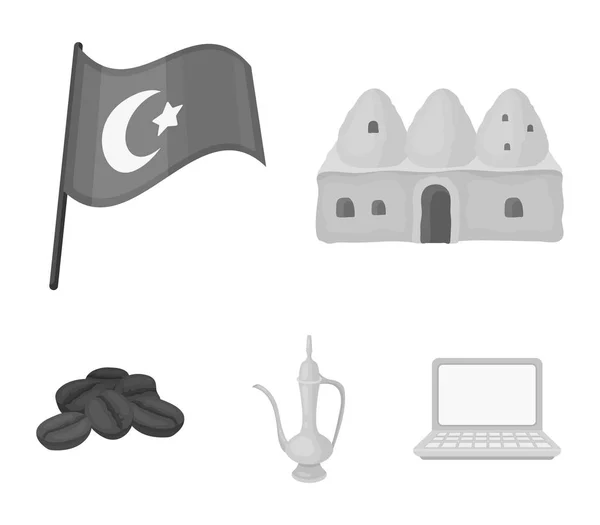 Dům podregistr, státní vlajka, káva hrnec mědi, zrna kávy. Turecko nastavení kolekce ikon v monochromatickém stylu vektor symbol akcií ilustrace web. — Stockový vektor