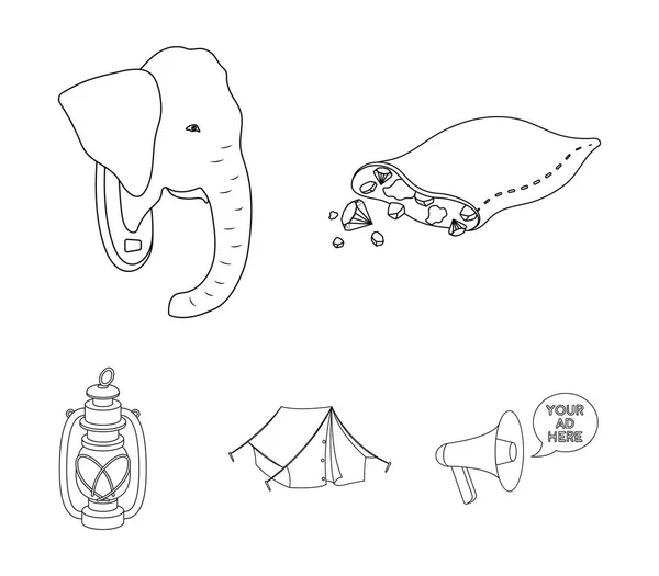 A bag of diamonds, an elephants head, a kerosene lamp, a tent. African safari set collection icons in outline style vector symbol stock illustration web. — Stock Vector