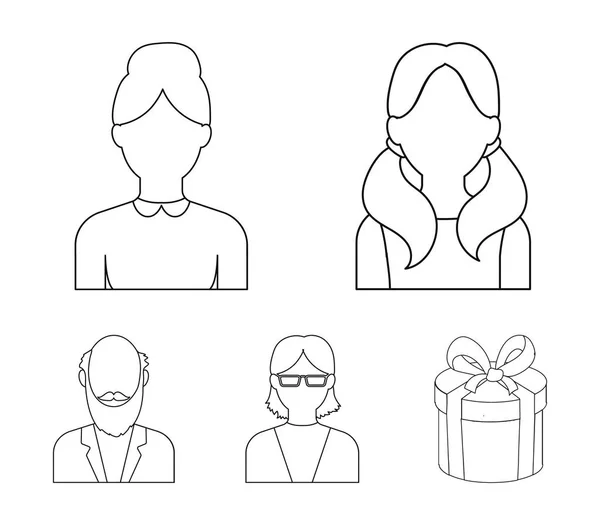 Jongen, een vrouw met bril, een grootvader met een baard, een meisje met staarten. Avatar instellen collectie iconen in omtrek stijl vector symbool stock illustratie web. — Stockvector