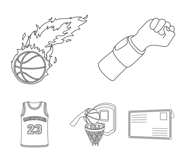 Рука с повязкой, огненный шар, мяч в корзине, форма. Иконки коллекций баскетбольных наборов в паутине с векторными символами очертаний . — стоковый вектор