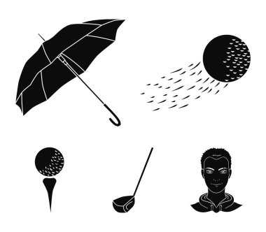 Bir uçan top, sarı bir şemsiye, bir golf kulübü, bir top bir stand. Golf Club toplama simgeler siyah stil vektör simge stok çizim web içinde ayarla..