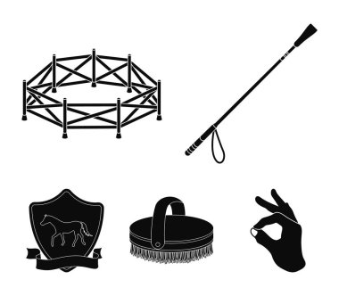 Büyük kuş kafesi, kamçı, amblem, Hipodrom. Hipodrom ve at toplama simgeler siyah stil vektör simge stok çizim web ayarla.