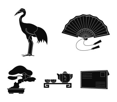 Fan, kırmızı taç vinç, çay töreni, bonsai. Japonya toplama simgeler siyah stil vektör simge stok çizim web içinde ayarla..