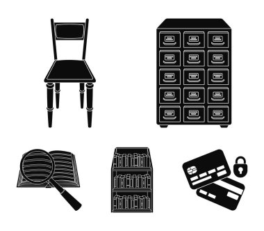 Dosya dolabı, sandalye, raflar kabine, bilgi arayın. Kütüphane ve kitap toplama simgeler siyah stil vektör simge stok çizim web içinde ayarla.