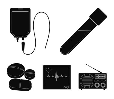 Tabletler ve diğer ekipmanlar. İlaç toplama simgeler siyah stil vektör simge stok çizim web içinde ayarla..