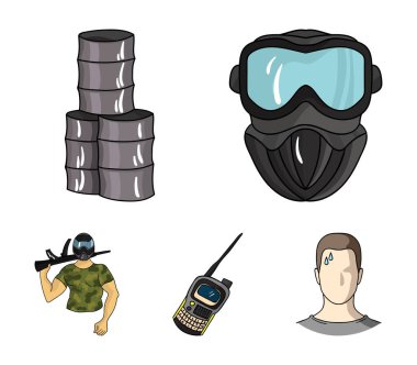 Ekipman, maske, varil, barikat. Paintball toplama simgeler karikatür tarzı vektör simge stok çizim web içinde ayarla..