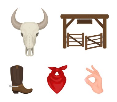 Gates, bir boğa kafatası, onun boynuna bir eşarp spurs ile botlar. Rodeo toplama simgeler karikatür tarzı vektör simge stok çizim web içinde ayarla..