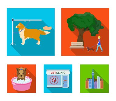 Bir köpek, bir veteriner ofisi a evde beslenen hayvan banyo penye bir köpek ile parkta yürüyüş. Veteriner Kliniği ve evde beslenen hayvan kaygı toplama simgeler düz stil vektör simge stok çizim web ayarla.
