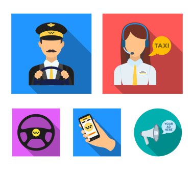 Bir taksi sürücüsü ile bir mikrofon, bir taksi şoförü direksiyonda, bir cep telefonu ile bir sayı, bir araba direksiyon. Taksi toplama simgeler düz stil vektör simge stok çizim web içinde ayarla..