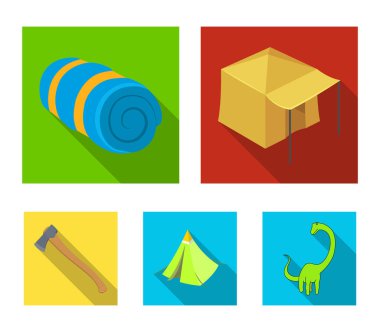 Çadır Tente, ax ve diğer aksesuarları ile. Çadır toplama simgeler düz stil vektör simge stok çizim web içinde ayarla..